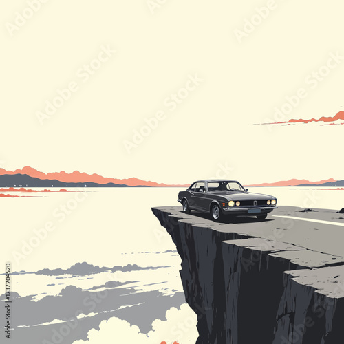 Classic Car on Cliff Edge Overlooking Serene Landscape