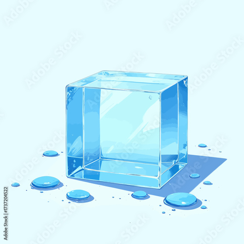 Clear Cube with Droplets on Blue Background