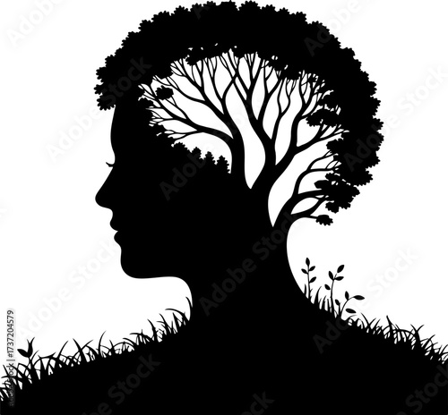Symbolic vector silhouette of a human head with a tree of life representing growth, mind, and nature
