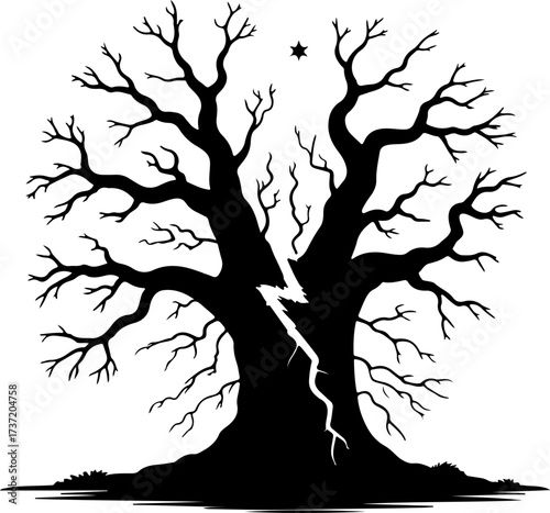 Mysterious black silhouette of a gnarled, ancient tree split by lightning under a lone star