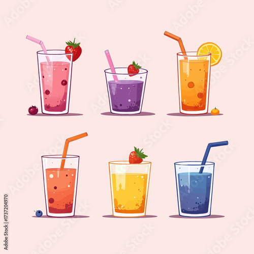 Colorful Fruit Juices with Straws and Fruits