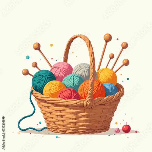 Colorful Knitting Basket with Yarn and Needles