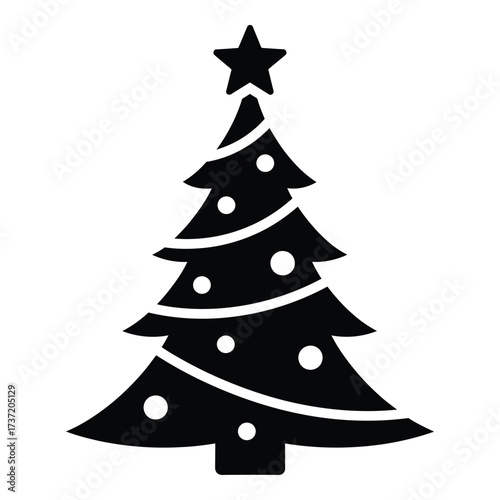 Silhouette of a decorated christmas tree with star topper and ornaments silhouette