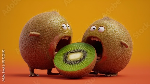 Two adorable, furry kiwi fruit characters with giant open mouths humorously gaze at a perfectly sliced green kiwi.