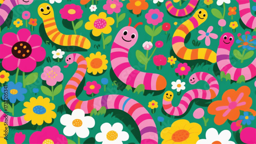 Cute Caterpillars in the Garden Illustrator Artwork Banner Background Design Template 