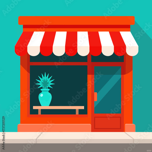 Colorful Storefront with Turquoise Vase, Red Awning, and Teal Background