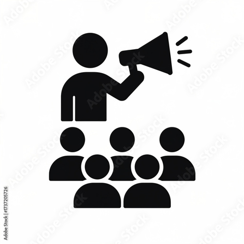 Public Speaking Vector Icon – Person with Megaphone Addressing Crowd, Communication and Leadership Illustration