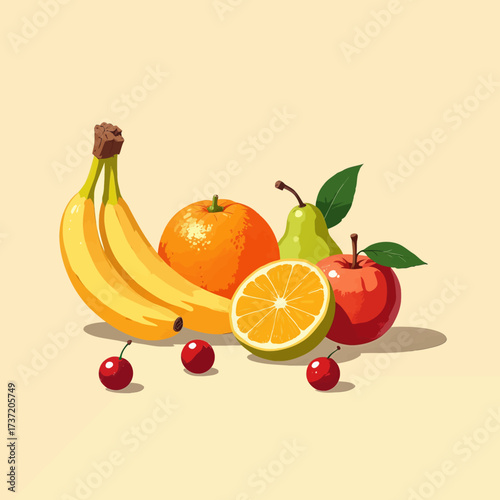Colorful Still Life of Fruits: Banana, Orange, Pear, Apple, Cherries