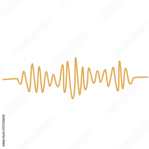 2d illustration of yellow sound wave with smooth curves, representing voice, audio signal, and frequency vibration, isolated on white background.