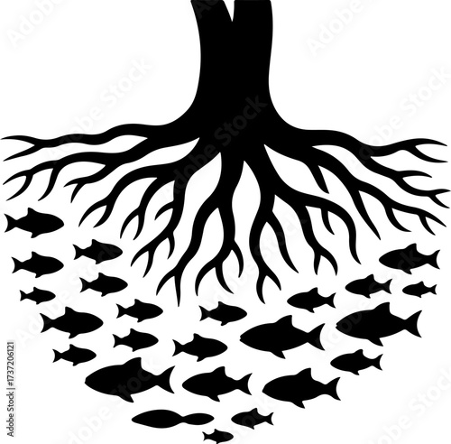 A surreal black silhouette of a tree of life with a school of fish swimming through its roots