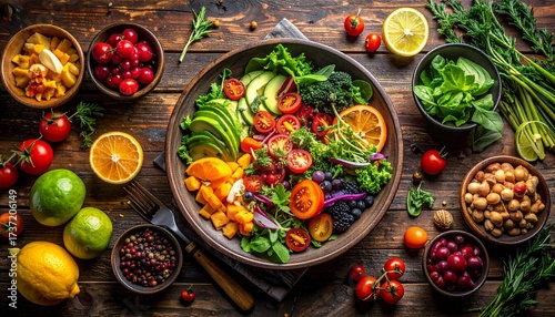 Wallpaper Mural Vibrant and Nutritious Salad Bowl Colorful medley of fresh vegetables, fruits, and superfoods, beautifully arranged on rustic wood, promoting healthy, balanced eating Torontodigital.ca