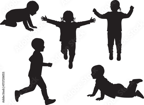Children silhouette playing, kids running, crawling, jumping, standing, lying down, childhood activities, playful moments, happy lifestyle, family concept, carefree fun, growth, innocence