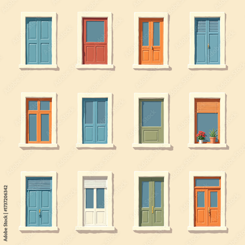 Obraz premium Colorful Windows of a Charming Building in Soft Light