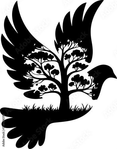 Black silhouette of a dove with a tree canopy as its body, symbolizing peace and nature's interconnectedness