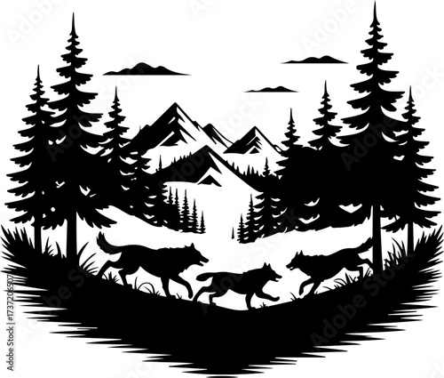 Dramatic black silhouette vector illustration of a wild wolf pack traversing a serene mountain forest landscape with towering evergreen trees under a celestial sky
