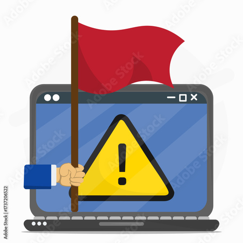 Hand holding red flag with error warning sign on the laptop screen. Concept of a operating system malfunction, online risk and scam alert.