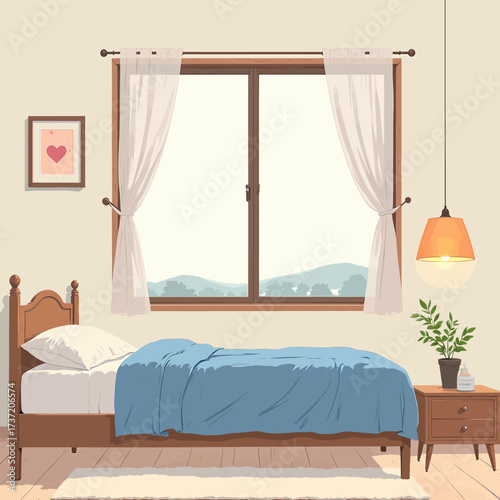 Cozy Bedroom with Blue Bedding and Mountain View