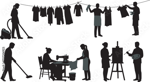 Domestic activity silhouettes, household chores, creative work, painting, sewing, vacuuming, mopping, clothes hanging, black vector icons, artistic labor, manual task illustration