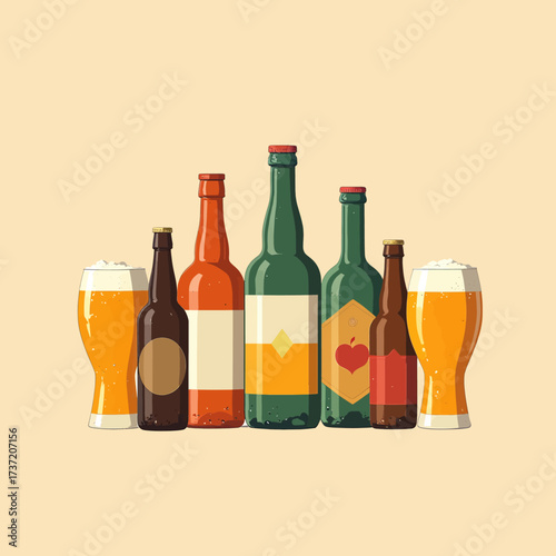 Diverse Beer Bottles and Glasses on Warm Background
