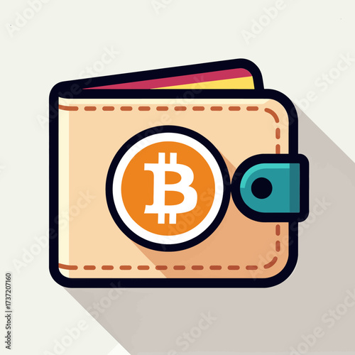 Digital Wallet with Bitcoin Icon, Leather Texture, Flat Design