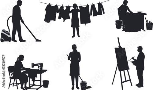Silhouette professions, domestic tasks, creative work, vacuuming, pottery, painting, sewing, cleaning, clothes hanging, black vector icons, manual professions, domestic tasks, creative work, , 