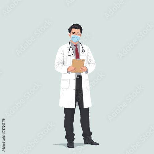 Doctor with Face Mask Holding Clipboard