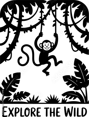 A playful monkey swinging on vines in a tropical jungle, a striking black and white vector silhouette illustration