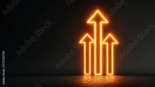 Three glowing neon upward arrows in orange light on dark background, symbolizing business growth, success, progress, strategy, and future potential