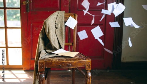 Wooden Chair with Jacket and Floating Papers in a Room