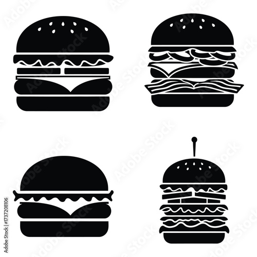 Four distinct hamburger silhouettes representing delicious fast food options and food icons silhouette