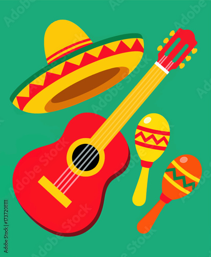 Fiesta Celebration with Guitar, Maracas, and Sombrero