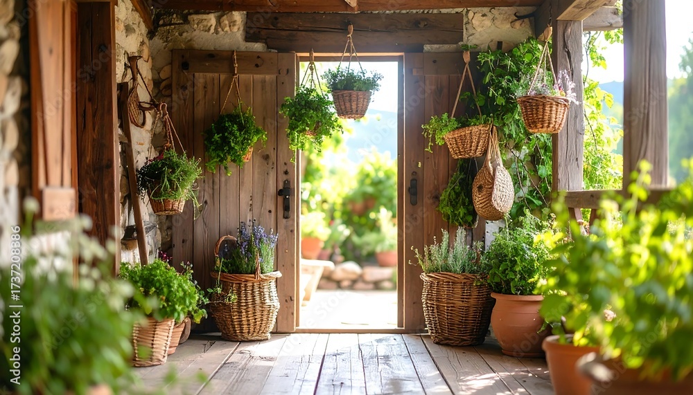 Fototapeta premium Wooden Doorway with Hanging Plants and Wicker Baskets