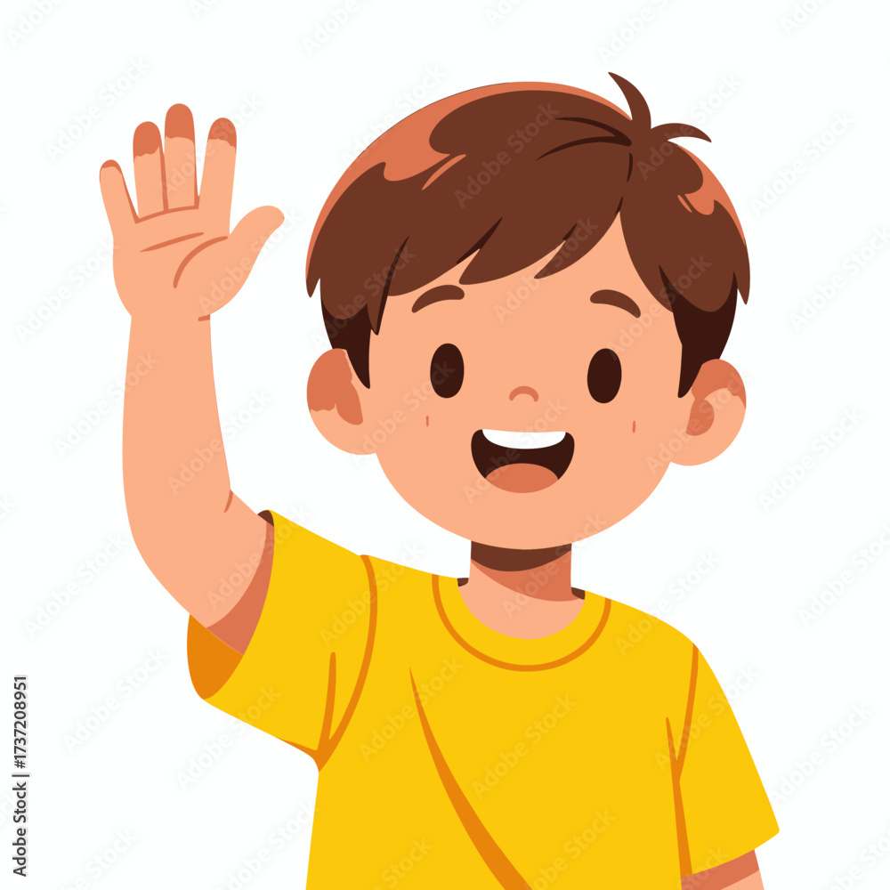 Obraz premium Happy Boy Raising Hand in Classroom, Yellow Shirt, Excited Expression, School Setting