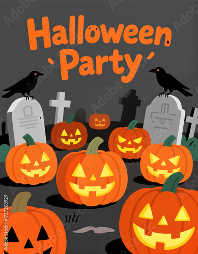 Halloween Party with Jack-o'-Lanterns and Crows in Cemetery