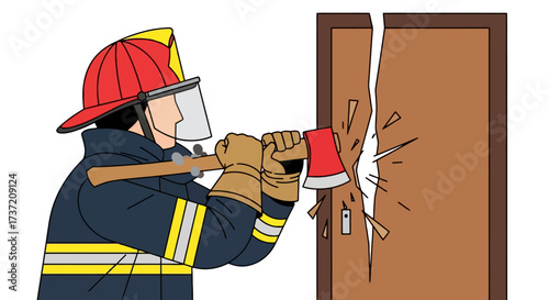 Firefighter breaching door with axe, demonstrating emergency response and rescue, suitable for safety campaigns and educational materials on fire safety