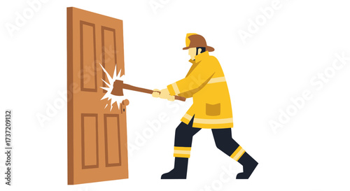 Illustration of a Firefighter Breaking Down a Door with a Sledgehammer for Emergency Rescue and Safety Protocols in Firefighting Scenarios.
