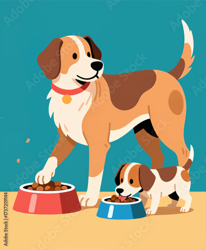 Happy Dogs Eating Together in Colorful Bowls