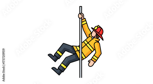 Cartoon firefighter descending a pole swiftly for emergency response training or safety illustration, suitable for educational materials and public service announcements.