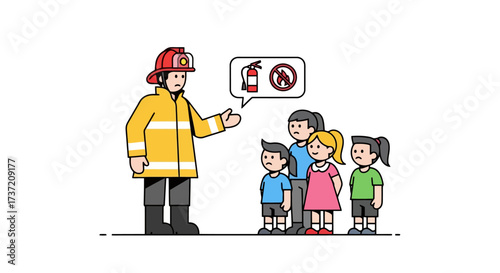 Firefighter Educating Children About Fire Safety and Prevention in an Engaging Illustration. Suitable for educational materials, safety campaigns, or community outreach programs.