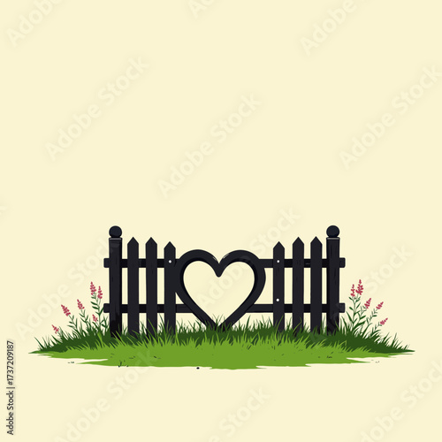 Heart-Shaped Fence in Lush Garden with Wildflowers