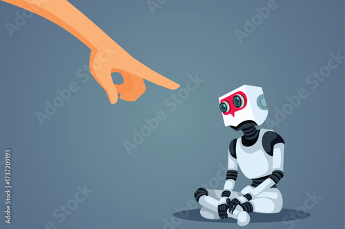 Hand Pointing to a Robot Blaming Technology Vector Illustration. Employer renouncing at ai workforce after disastrous result 