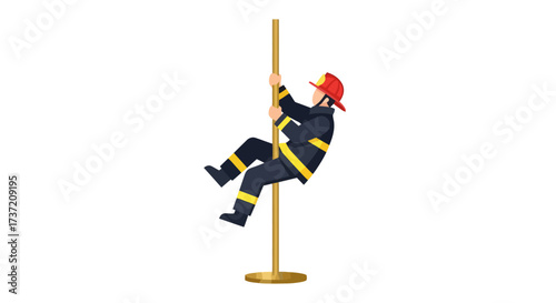 Animated Firefighter Descending a Brass Pole in Emergency Response. Ideal for safety training materials, educational resources, and public service announcements.