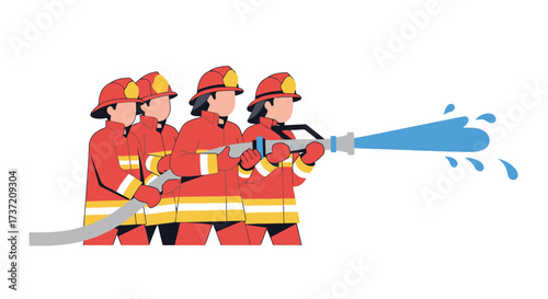 Group of Firefighters Holding Hose and Spraying Water to Put out Fire, Ideal for Emergency Response Training, Fire Safety Education and Community Awareness Campaigns