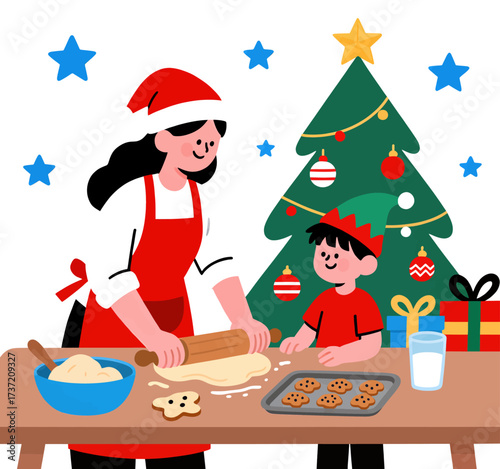 Holiday Baking Scene: Parent and Child Making Cookies by Christmas Tree