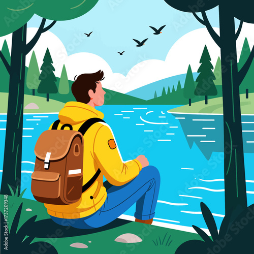 Hiker Admiring Serene Lakeside Forest View