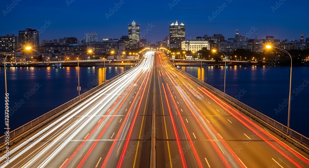 Fototapeta premium Cityscape at night with light trails on a bridge over water.