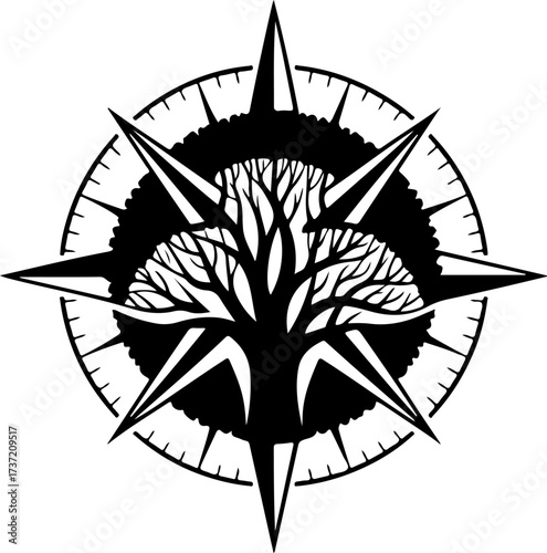 Black Compass Rose with Tree Silhouette, Ideal for Adventure, Exploration, and Travel