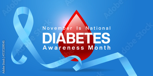 November Is National Diabetes Awareness Month. Ribbon, blood and light. Suitable for posters, banners and social media. Blue background.