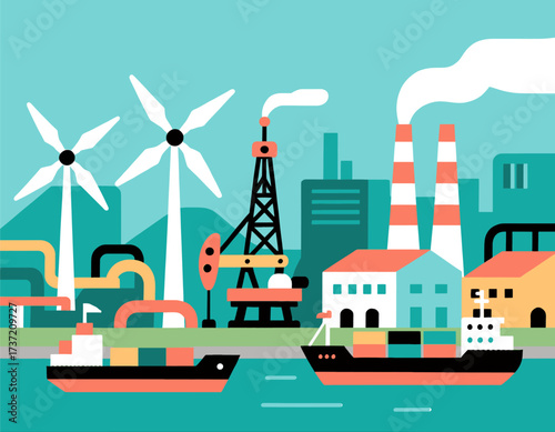 Industrial Harbor with Windmills and Cargo Ships