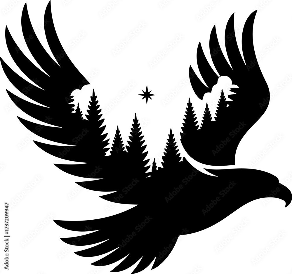 Fototapeta premium Vector silhouette of a soaring eagle with a forest landscape inside its wings